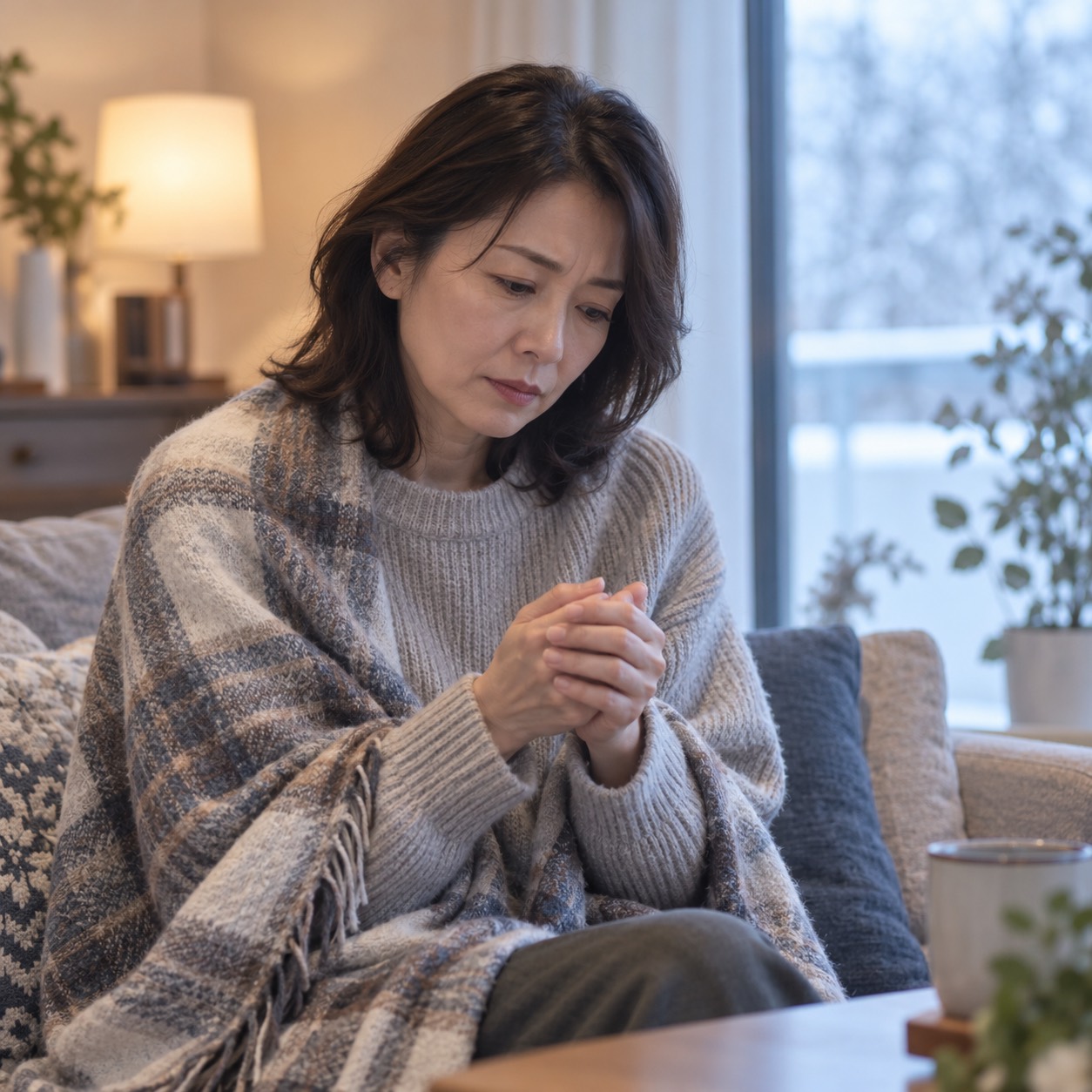 毛布を肩に掛け、手を握り合わせてソファに座る女性のイメージ