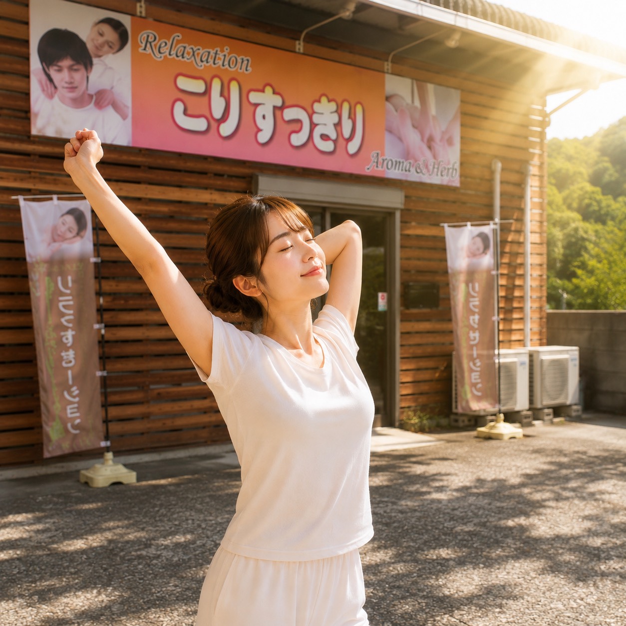 こりすっきりの店舗前で両腕を伸ばす女性のイメージ