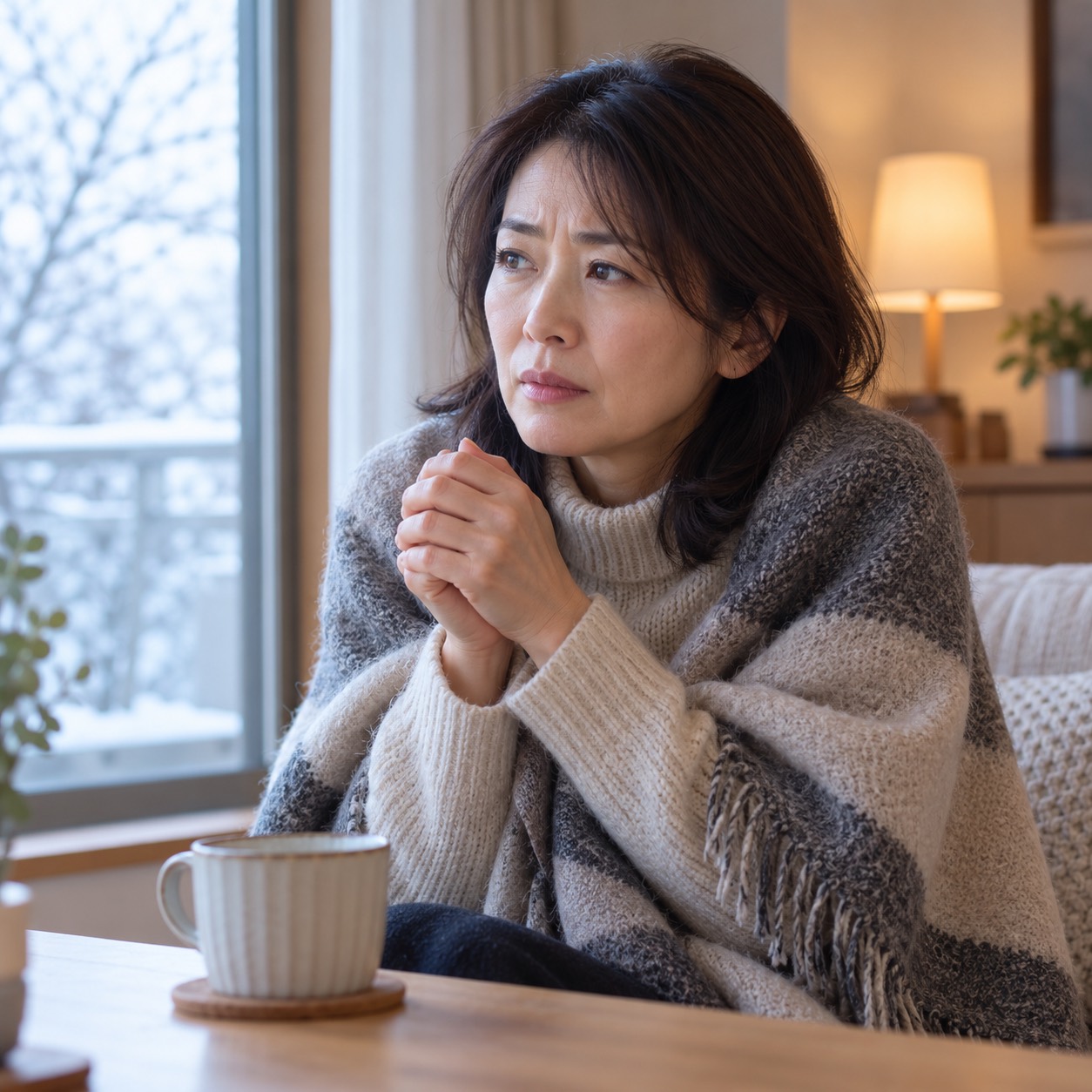 冬の窓辺で毛布を肩に掛け、両手を重ねて過ごす女性のイメージ